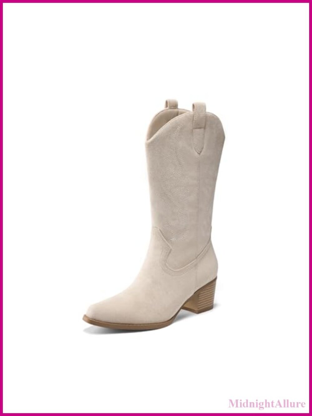 Women's Square Toe Cowboy Mid Calf Western Boots Faux Suede Block Heel